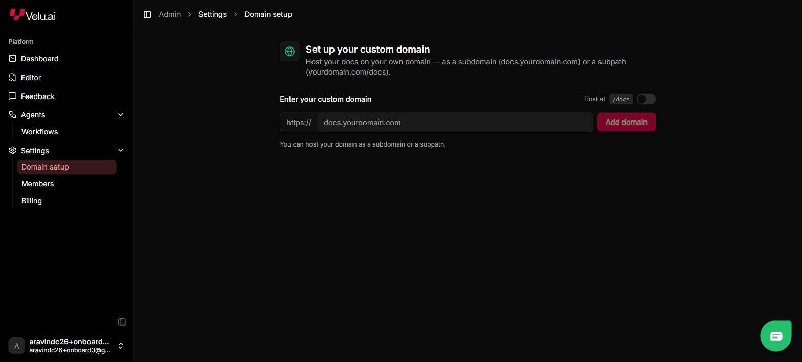 The Domain setup page with a field to enter a custom domain and a Host at /docs toggle