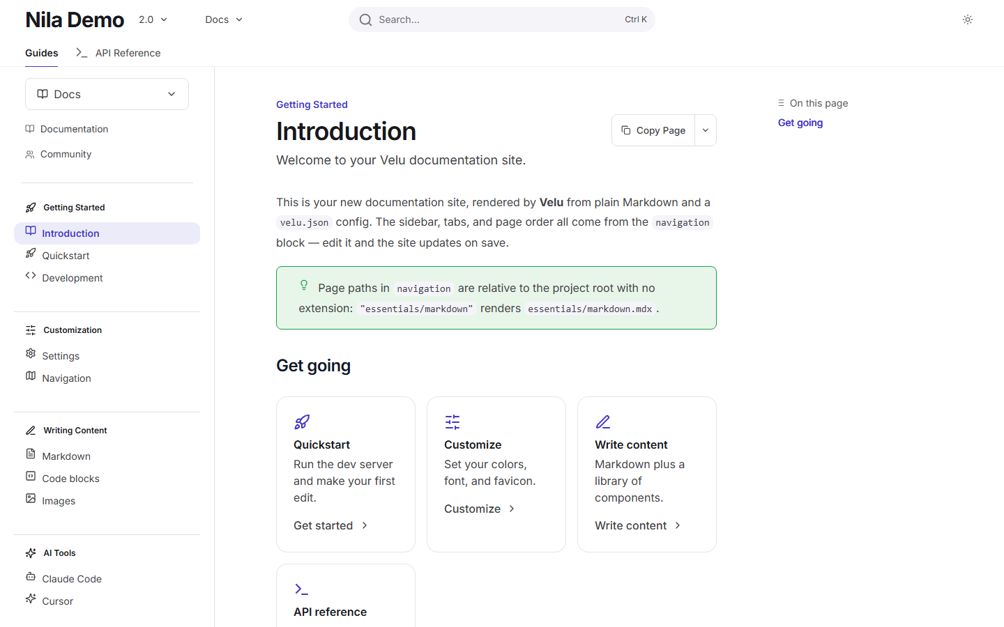A Velu docs page using the Nila theme, with a compact header, grouped sidebar, and focused reading column